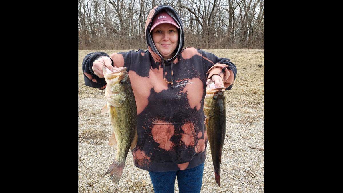 Crystal Wolfe and husband Shawn spent time fishing at James A. Reed in the last week. She outfished him and many onlookers, catching several quality largemouth bass.