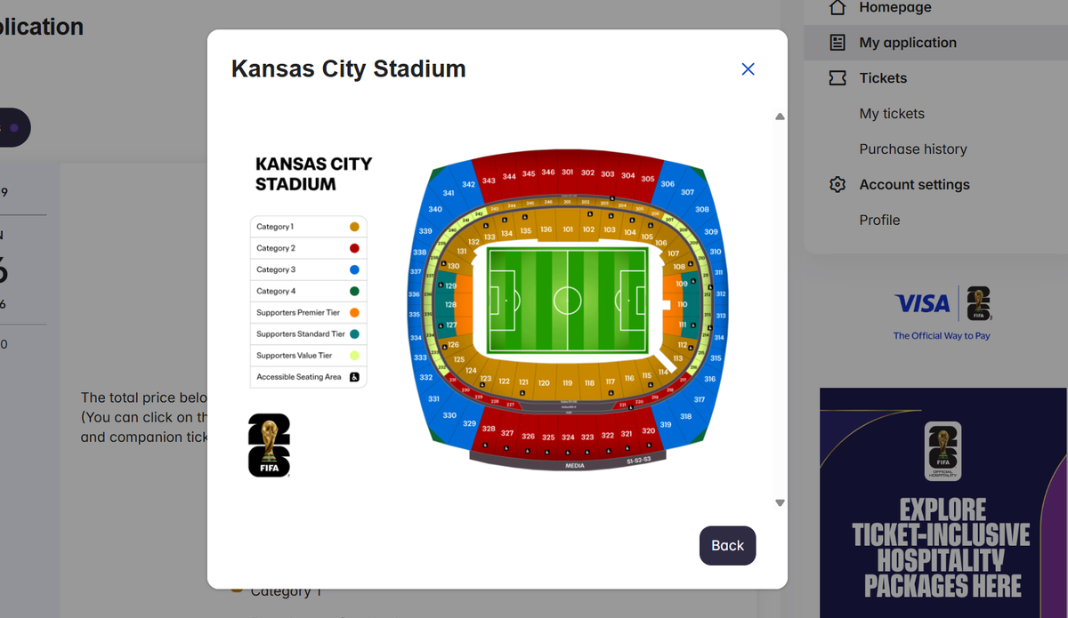 A screenshot of the Random Selection Draw website, showing the seating chart for games at Kansas City Stadium during the 2026 FIFA World Cup.