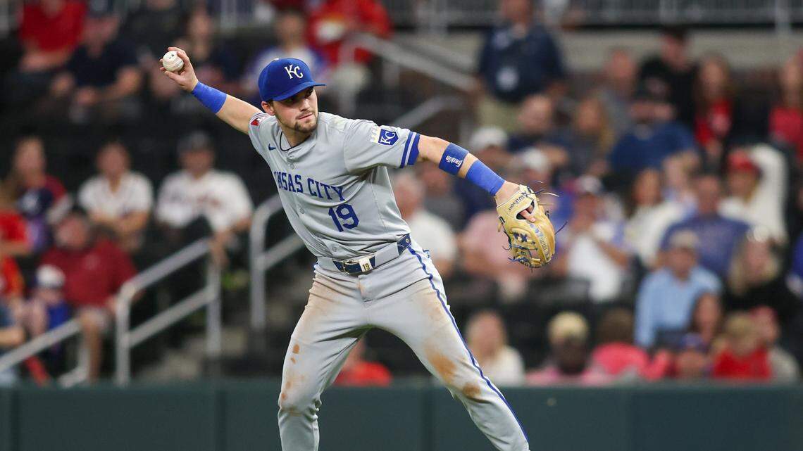 Kansas City Royals second baseman Michael Massey (19) throws a runner out at first during a game on Sept. 27, 2024.