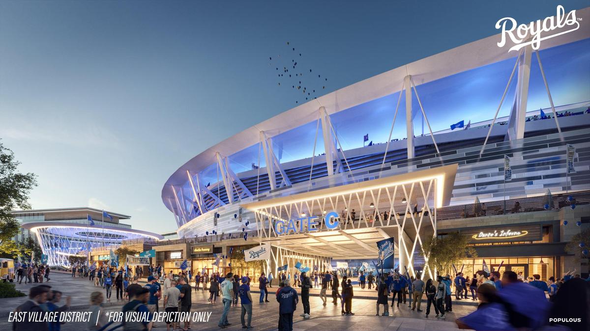 A rendering from stadium design firm Populous shows a concept of what a new downtown Kansas City Royals stadium located in the East Village might look like.