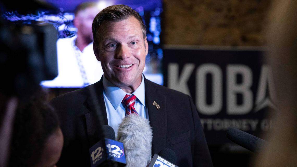 Kansas Attorney General candidate Kris Kobach delivers his final remarks as the results come in during his watch party at the Celtic Fox Irish Pub and Restaurant in Topeka, Kan., late Tuesday, Aug. 2, 2022.