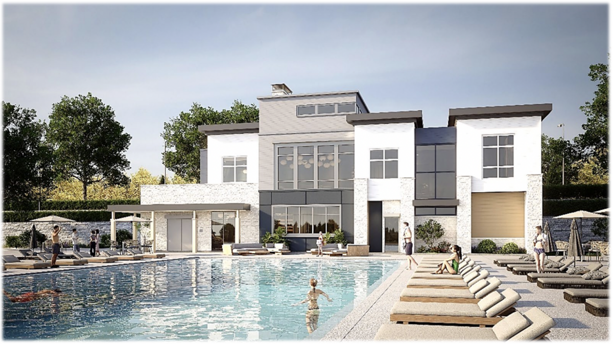 An architect’s rendering of the proposed pool and clubhouse at Iconic Blue Springs, a luxury apartment and retail complex set to break ground in the city next year.