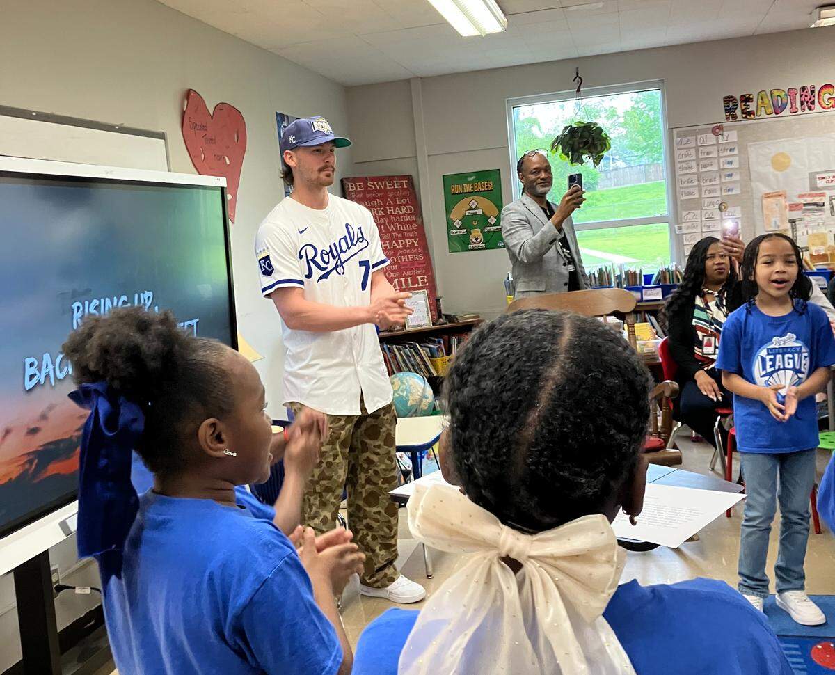 Royals star Bobby Witt Jr. speaks to students at Ingels Elementary in the Hickman Mills School District in Kansas City, Missouri, on May 5, 2026.