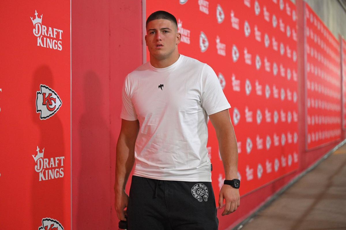 Kansas City Chiefs defensive end George Karlaftis arrives for the Chiefs’ game with the Baltimore Ravens Thursday, Sept. 5, 2024, at GEHA Field at Arrowhead Stadium.