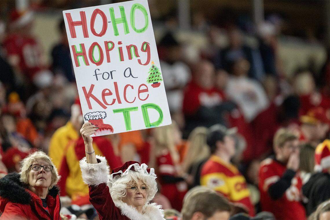 A fan shows support for Kansas City Chiefs tight end Travis Kelce (87) during the first half of the game at GEHA Field at Arrowhead Stadium on Thursday, Dec. 25, 2025, in Kansas City.