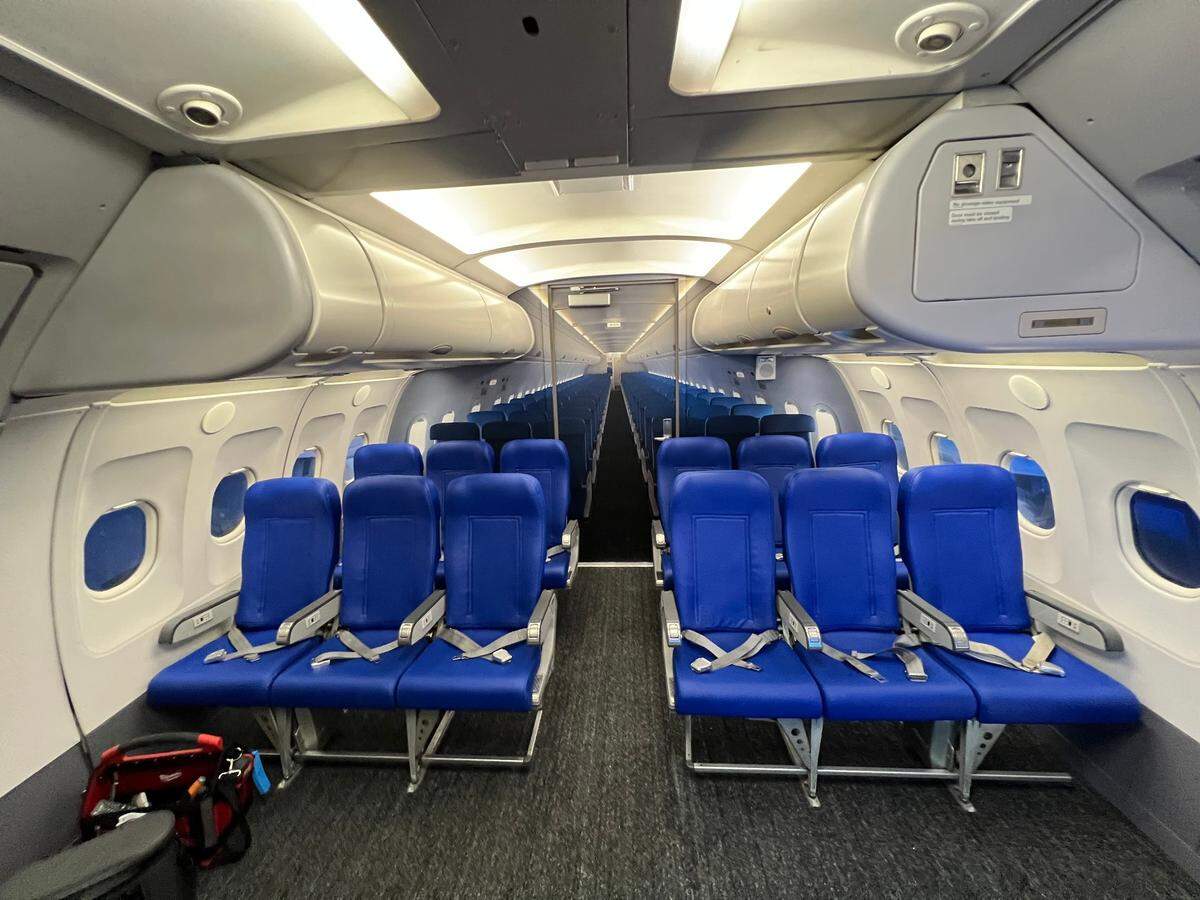 The completed Kansas City Air Travel Experience in the new terminal at KCI is designed to help families, including those with autism, become more comfortable with flying. It is made with the front of a retired Airbus A321.