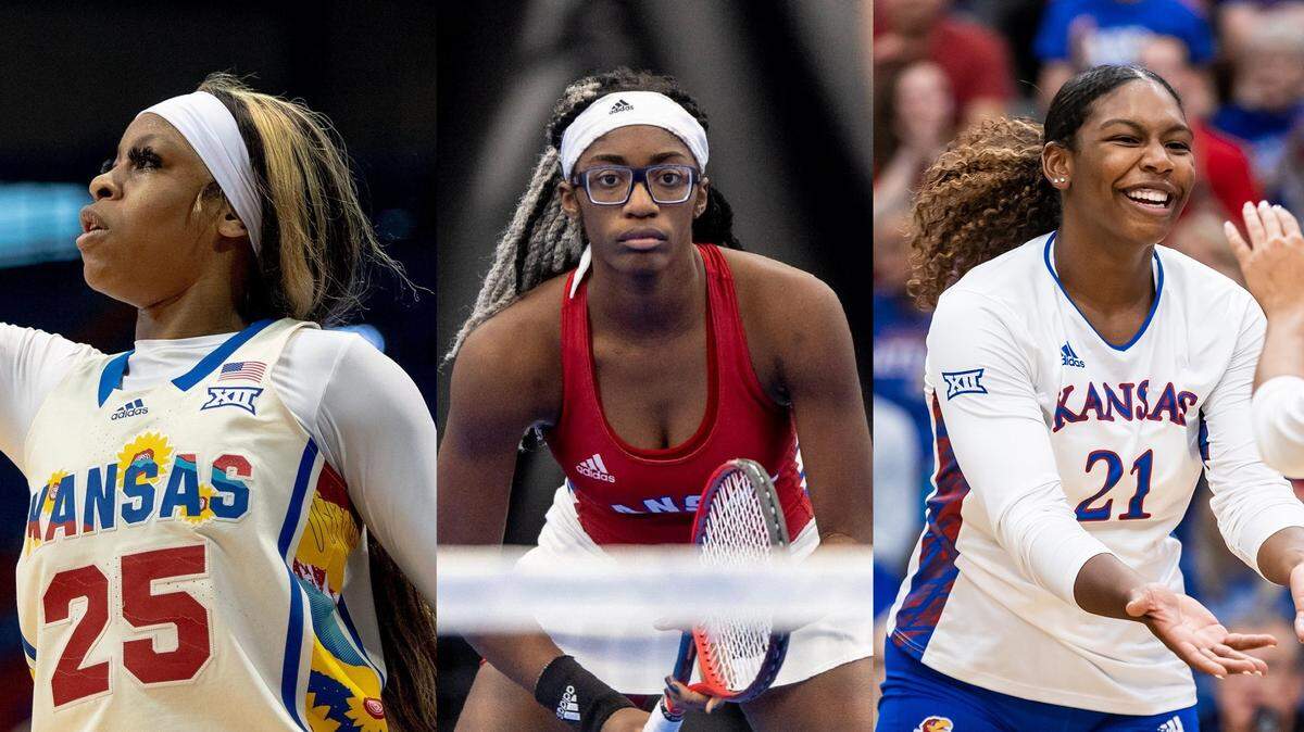 KU student-athletes (left to right): Chandler Prater, basketball; Malkia Ngounoue, tennis; and London Davis, volleyball.