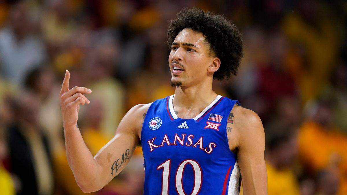 Kansas forward Jalen Wilson reacts after being called for a foul during the first half of a game against Iowa State, Saturday, Feb. 4, 2023, in Ames, Iowa.