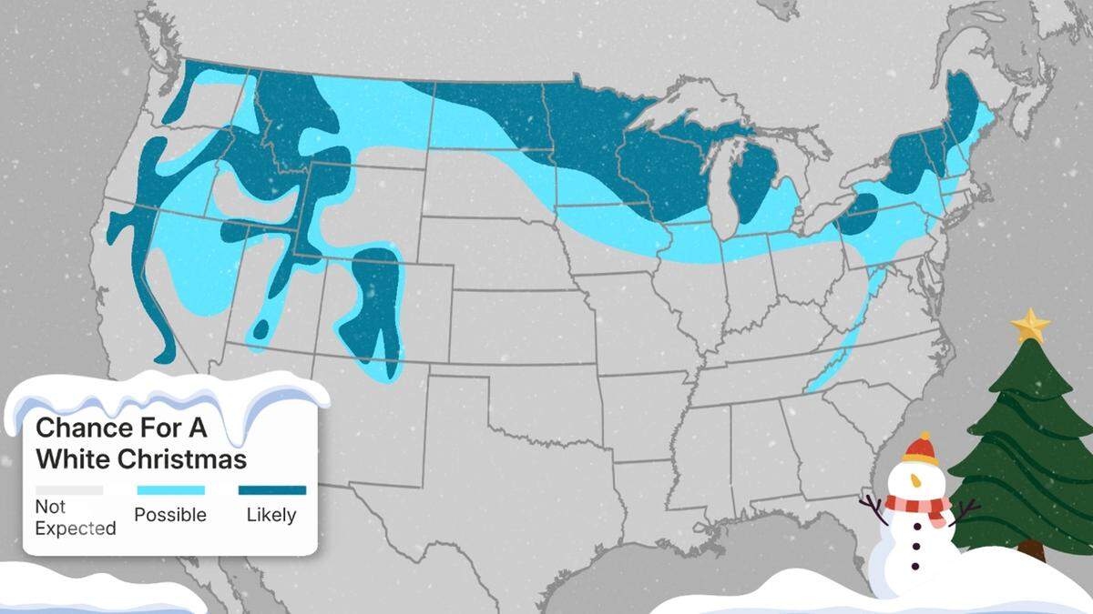 The northern tier of the U.S., including the northern Midwest, the Great Lakes region, and the mountainous West, including the Cascades, Sierra Nevada, and the northern Rockies, is the region most likely to see a white Christmas this year, according to Weather.com. Areas with the darkest teal shading on Weather.com’s forecast map indicate the highest probability of ≥1 inch of snow. Light teal shows some chance; gray areas are unlikely.