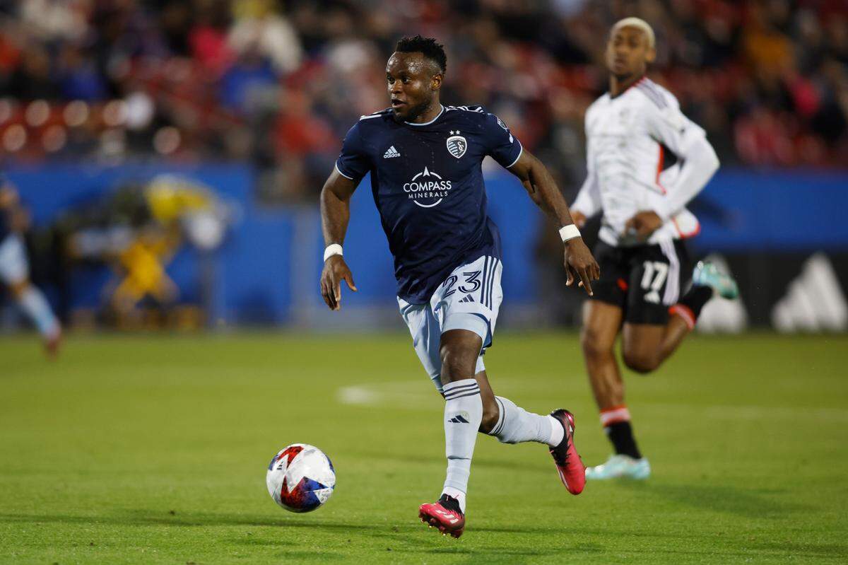 Sporting Kansas City forward Willy Agada (23) controls the ball against FC Dallas in the first half at Toyota Stadium on March 18, 2023.