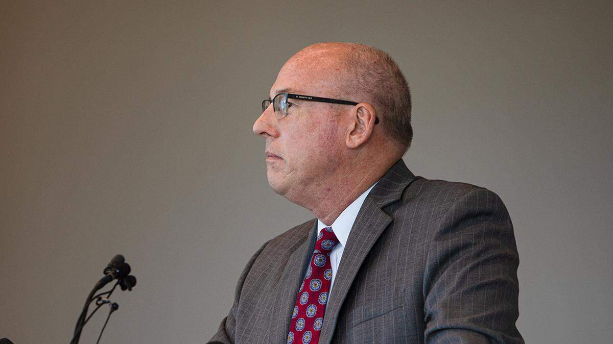 Johnson County District Attorney Steve Howe announces that his office is declining to file criminal charges against four Overland Park Police Officers on Tuesday, Oct. 17, 2023, at the Johnson County Court House in Olathe. The announcement came after a year long investigation into the misusage of funds for the Overland Park Police Officers Foundation. File photo by Zachary Linhares