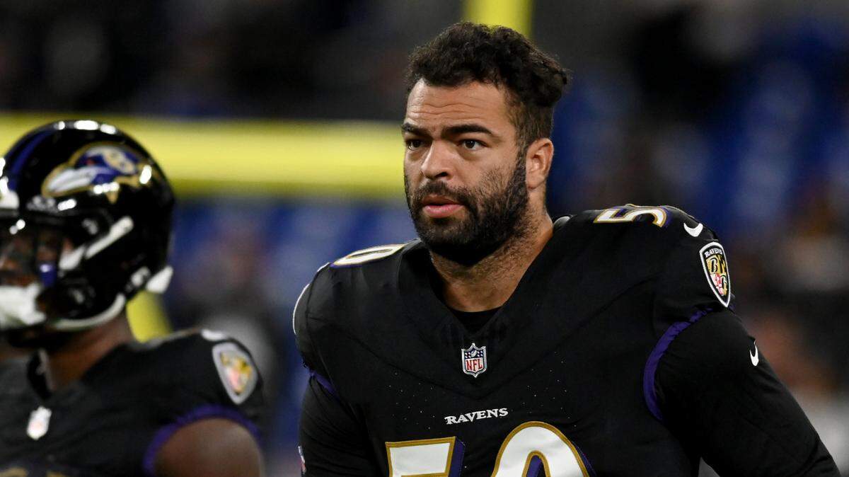 Baltimore Ravens linebacker Kyle Van Noy (50) warms up before a game last season against the Cincinnati Bengals at M&T Bank Stadium. 