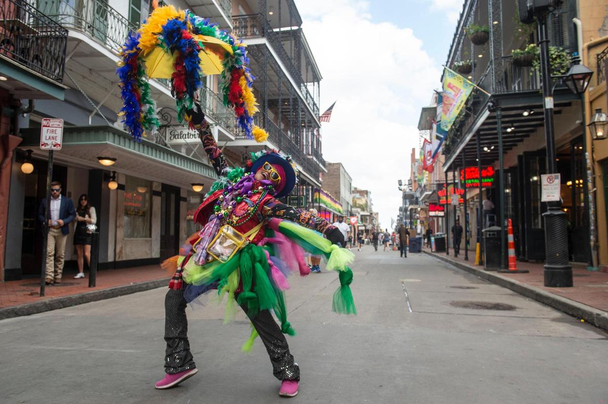 Jennifer Jones, also known as the Dancing Lady of New Orleans, dances on Bourbon Street in New Orleans on Wednesday, Feb. 5, 2025.