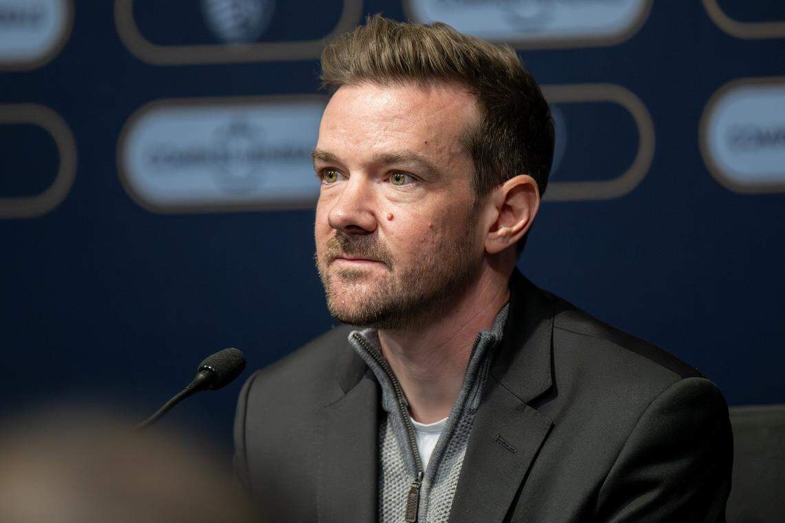 Sporting Kansas City president of soccer operations and general manager, David Lee, addresses reporters during media day at Sporting Park on Tuesday, Feb. 24, 2026, in Kansas City, Kansas.