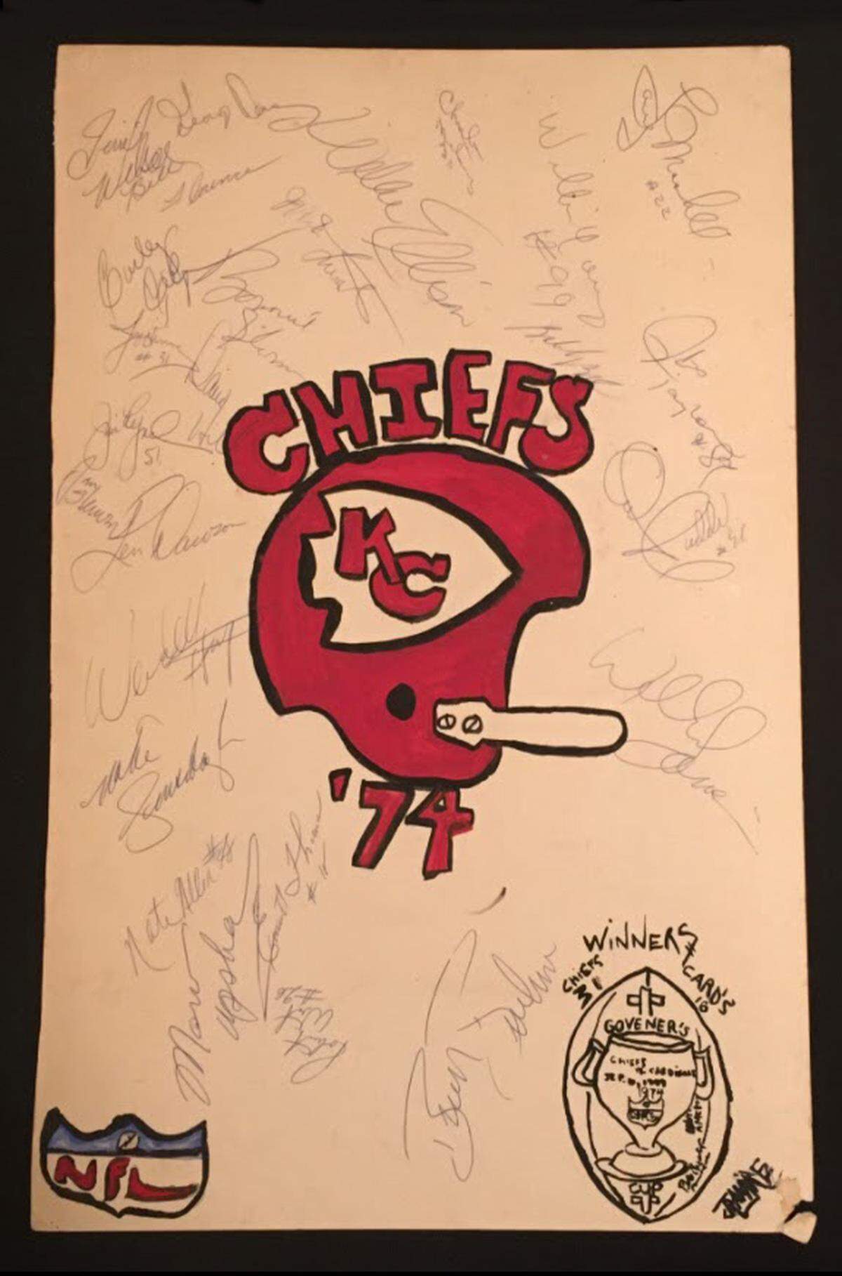 A poster featuring autographs from Chiefs players, including Len Dawson.
