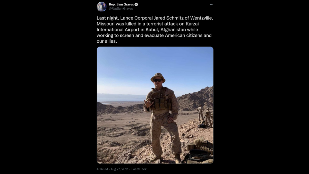 U.S. Rep. Sam Graves shared news of the death of Lance Cpl. Jared Schmitz, 20, of Wentzville, Missouri, who was killed during the terror attack at Kabul’s airport.