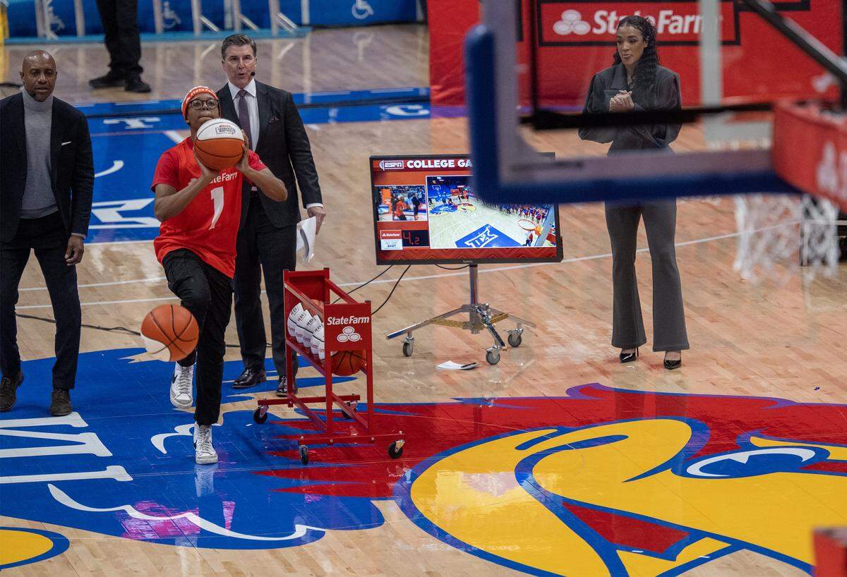 Will Singleton, a student, had a chance to win $19,000 during ESPN College Gameday at Allen Fieldhouse on Saturday, Jan. 31, 2026, in Lawrence. He did not win.