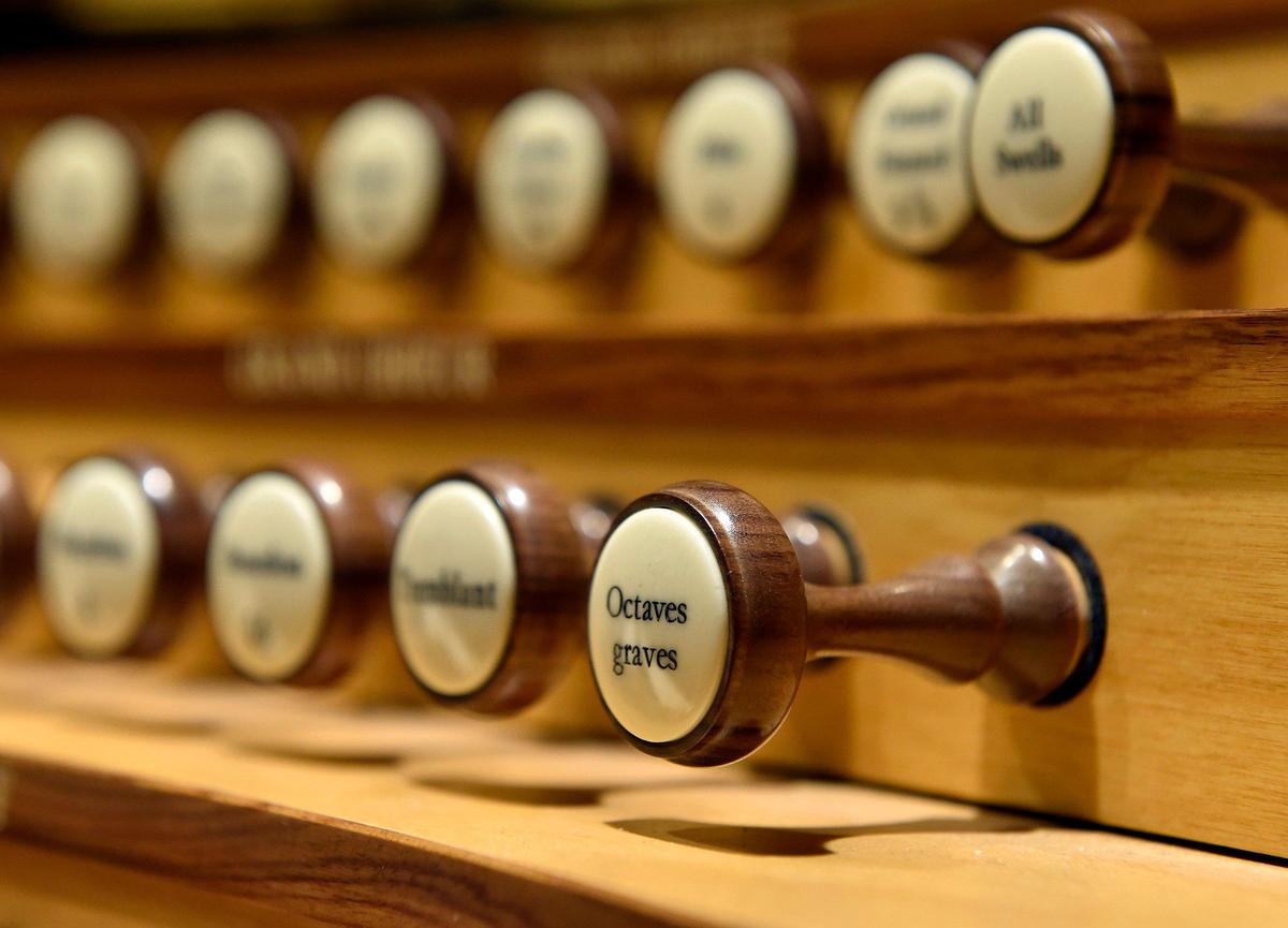 A few of the stops of the organ in Helzberg Hall at the Kauffman Center for the Performing Arts.