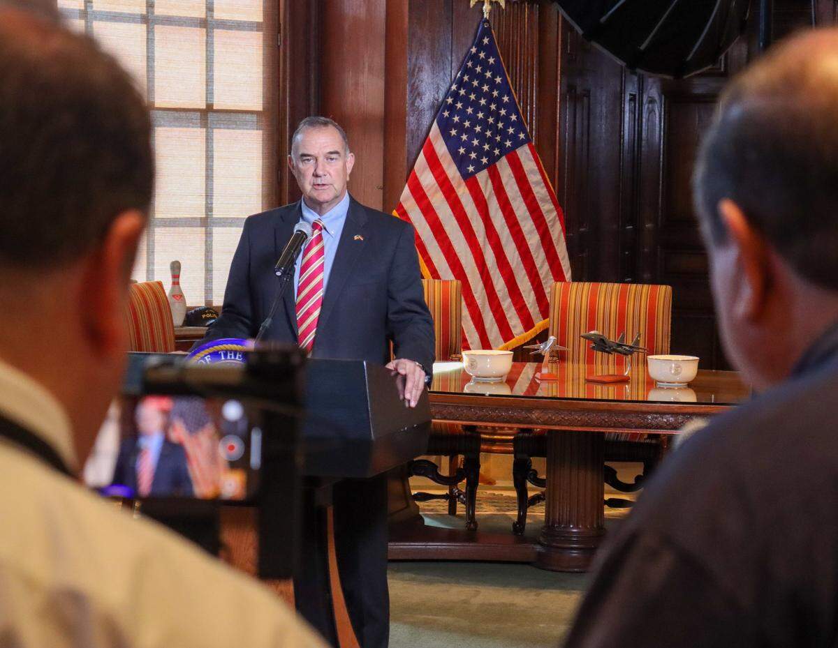 Missouri Gov. Mike Kehoe speaks with reporters after the legislative session. Kehoe has said he plans to call a special session focused on stadium funding for the Chiefs and Royals.