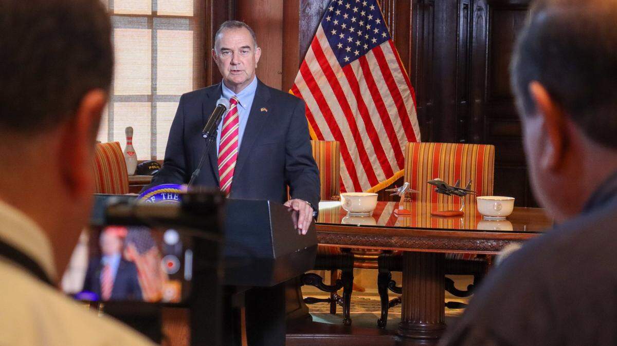 Missouri Gov. Mike Kehoe speaks with reporters after the legislative session. Kehoe has said he plans to call a special session focused on stadium funding for the Chiefs and Royals.