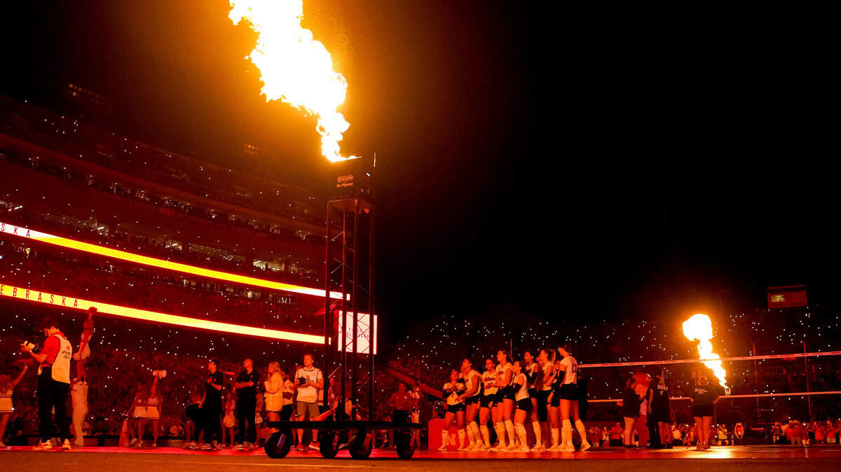 Aug 30, 2023; Lincoln, NE, USA; Pyrotechnics are used during a presentation after the Nebraska Cornhuskers defeated the Omaha Mavericks at Memorial Stadium. Mandatory Credit: Dylan Widger-USA TODAY Sports