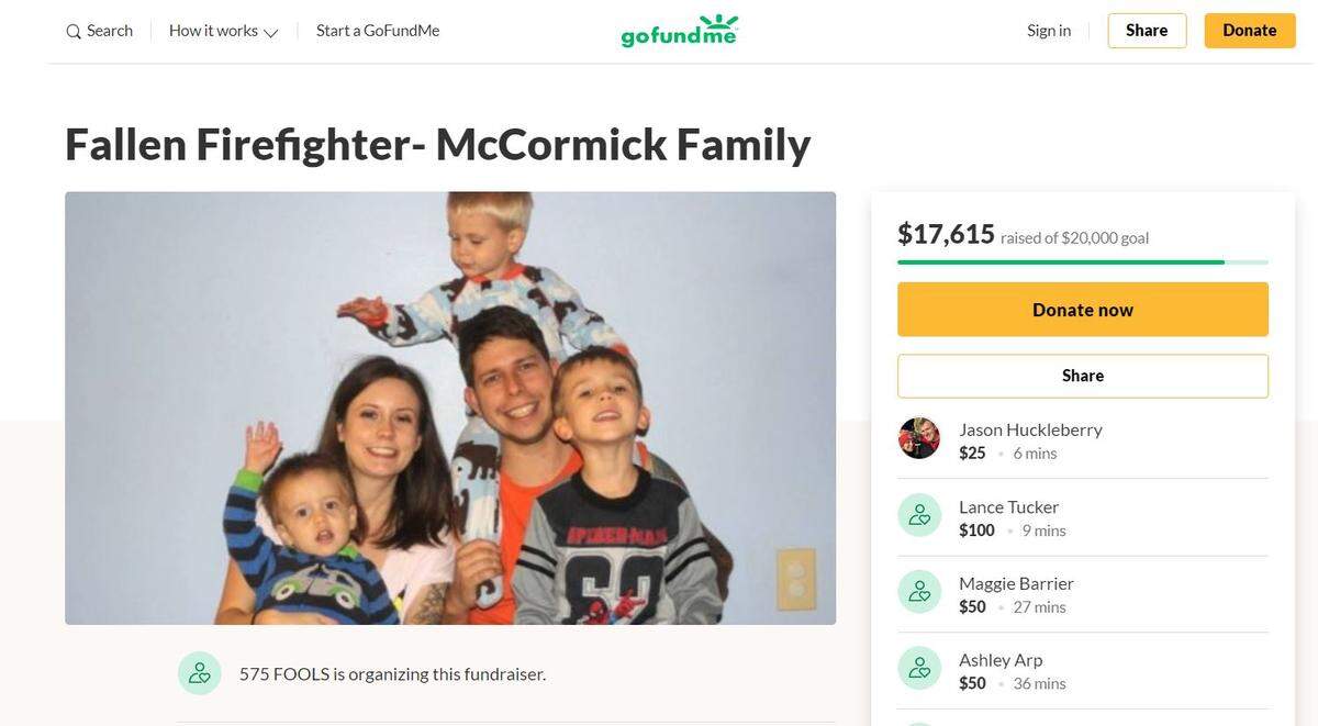 A GoFundMe account has been created to raise funds for the family of 30-year-old Charles “Chuck” McCormick, a West Peculiar firefighter who died while working Sunday.