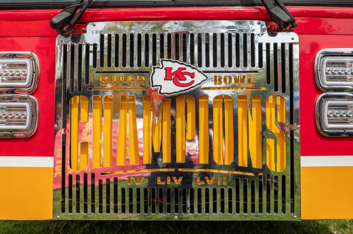 A double-decker bus called, “The Kingdom Cruiser,” is displayed Wednesday at the Chiefs Kingdom Experience at the NFL Draft preview.
