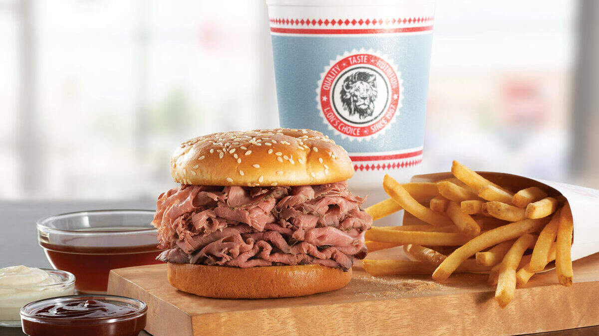 The Lion’s Choice’s King Beef Combo comes with sides of au jus, horseradish, barbecue sauce and natural-cut fries.
