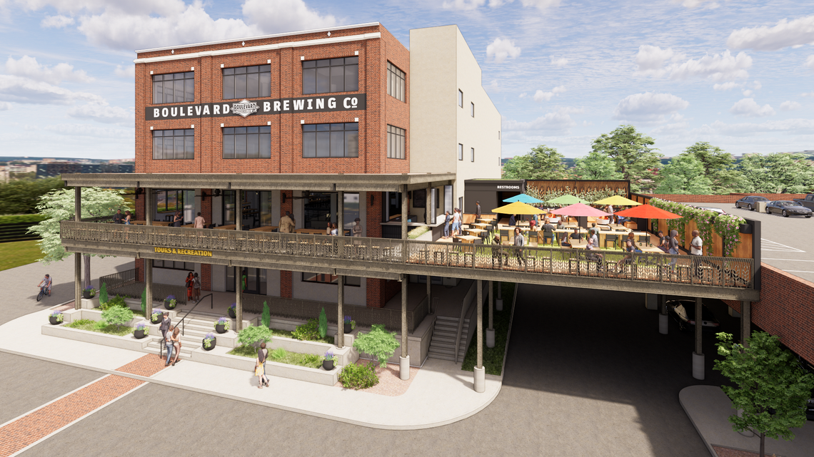 A rendering shows Boulevard Yard, Boulevard Brewing Co.’s new, second-story outdoor bar and patio space at the Boulevard Tours & Rec Center. It’s set to be finished before the 2026 FIFA World Cup.