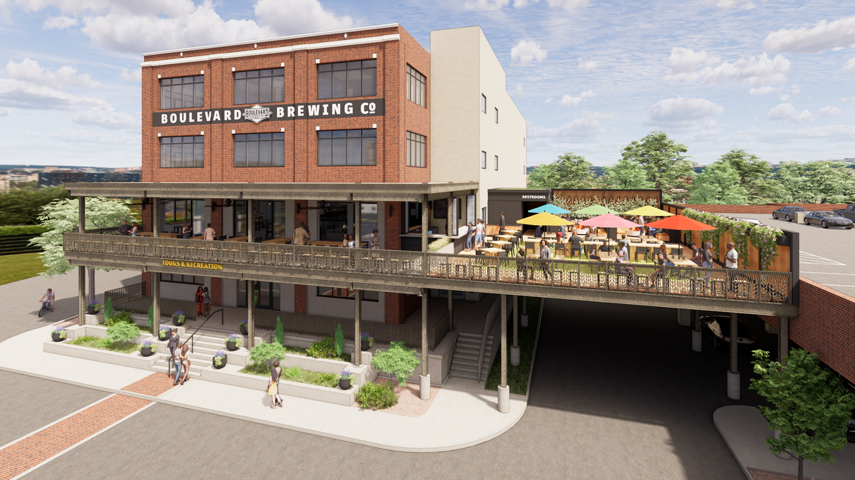 A render of Boulevard Yard, Boulevard Brewing Co.’s new, second-story outdoor bar and patio space at the Boulevard Tours & Rec Center. It’s set to be finished before the 2026 FIFA World Cup.