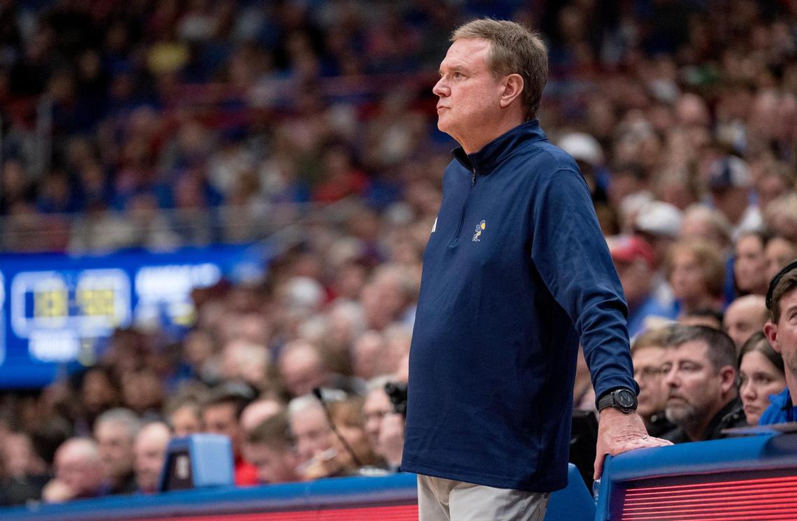 Kansas Jayhawks head coach Bill Self watches his team play against the Kansas State Wildcats during an NCAA college basketball game on Tuesday, March 5, 2024, in Lawrence.