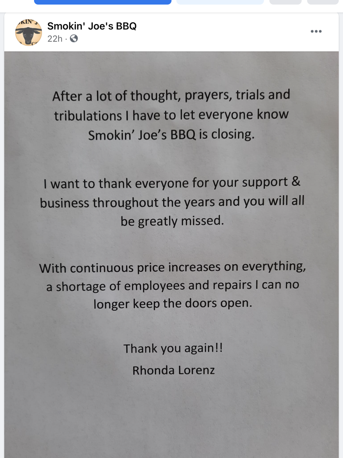 Smokin’ Joe’s Bar-B-Q announced its closing via Facebook.