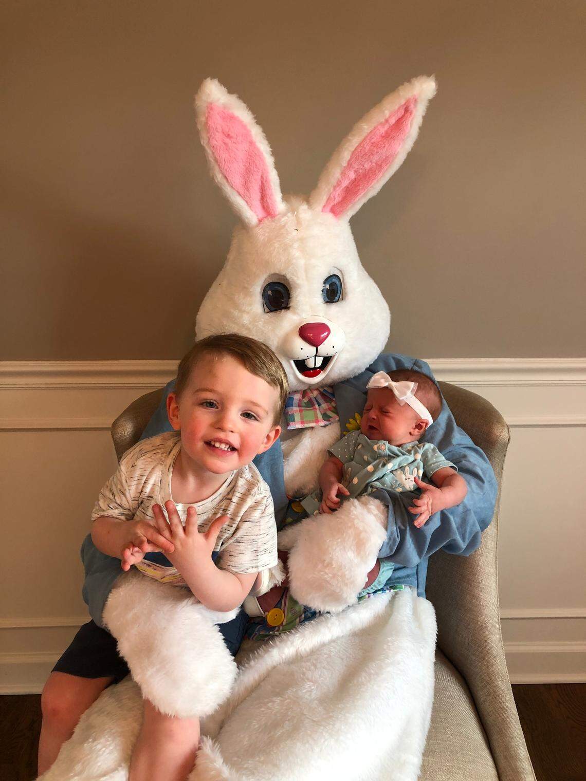 While Kyle and Sarah Haas have had to cancel many of their holiday traditions, they still had the Easter Bunny drop by to visit 2-year-old Finn and 1-month old Collins.