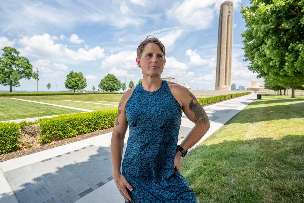 U.S. Army Maj. Kara Corcoran, a transgender woman who has served in the U.S. Army for 17 years, stands for a portrait at the National WWI Museum and Memorial on Wednesday, June 25, 2025, in Kansas City. Corcoran is currently stationed at Fort Leavenworth and awaiting word on her military status under the federal policy affecting transgender service members.