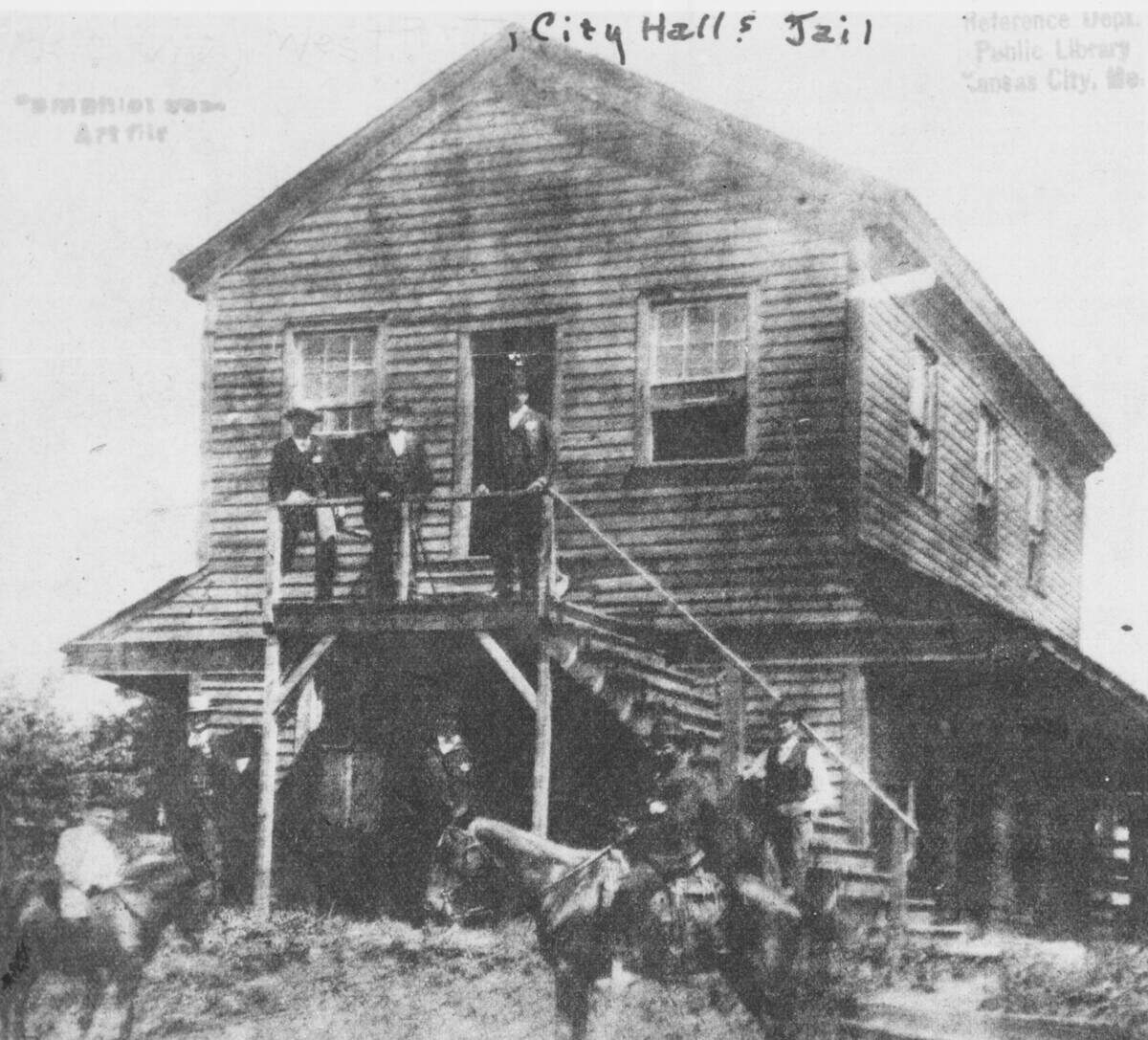 The caption for this photo read, in part, “This frail looking structure sheltered criminals as well as the city fathers in the days when Westport’s muddy streets were gay with the blankets of Indians and varied costumes of Mexicans and traders.”