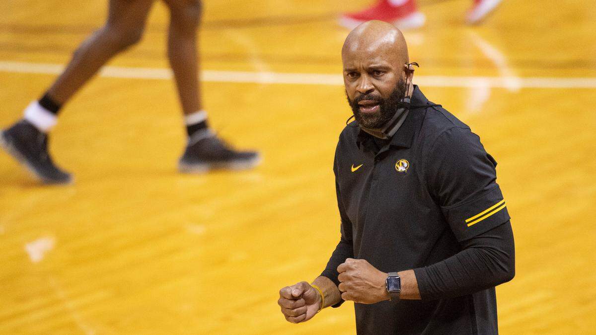 Missouri head coach Cuonzo Martin looks to his bench during the second half of an NCAA college basketball game against Bradley on Tuesday, Dec. 22, 2020, in Columbia, Mo. Missouri won 54-53.