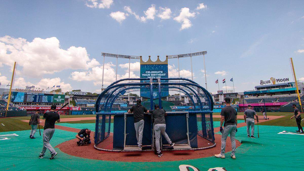 The Colorado Rockies take batting practice prior to the game against the Kansas City Royals at Kauffman Stadium on June 3, 2023.
