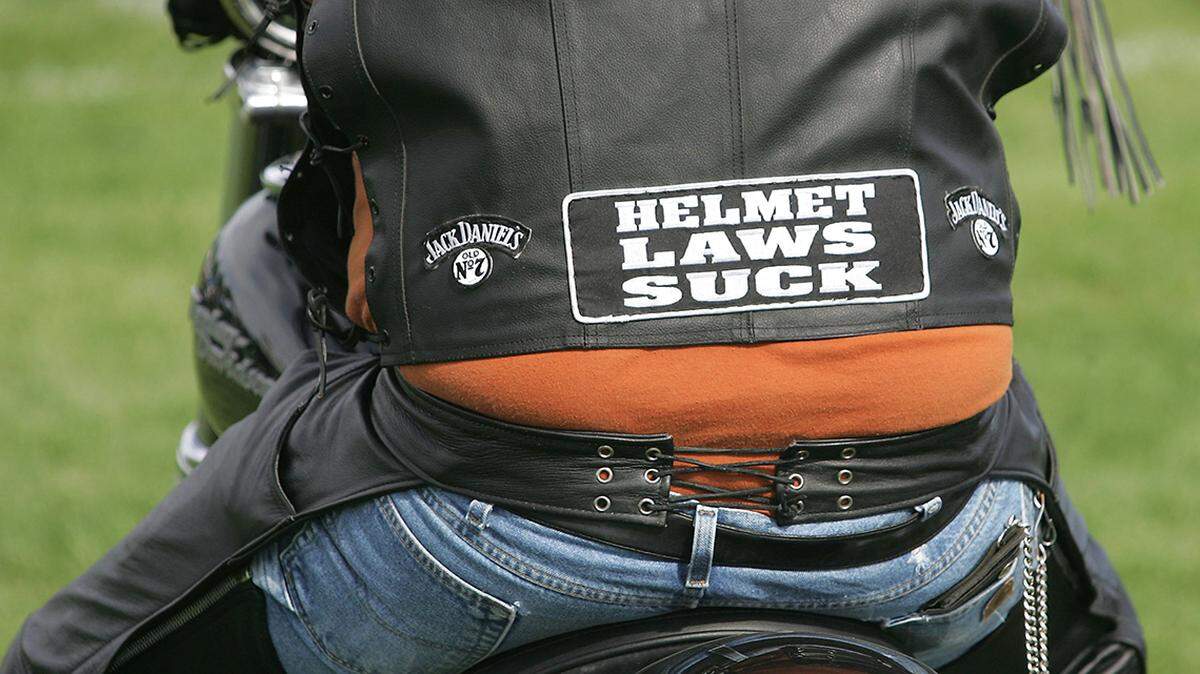 File photo. A motorcyclist wears a patch on his riding vest declaring his opinion of Washington state’s mandatory motorcycle helmet law.
