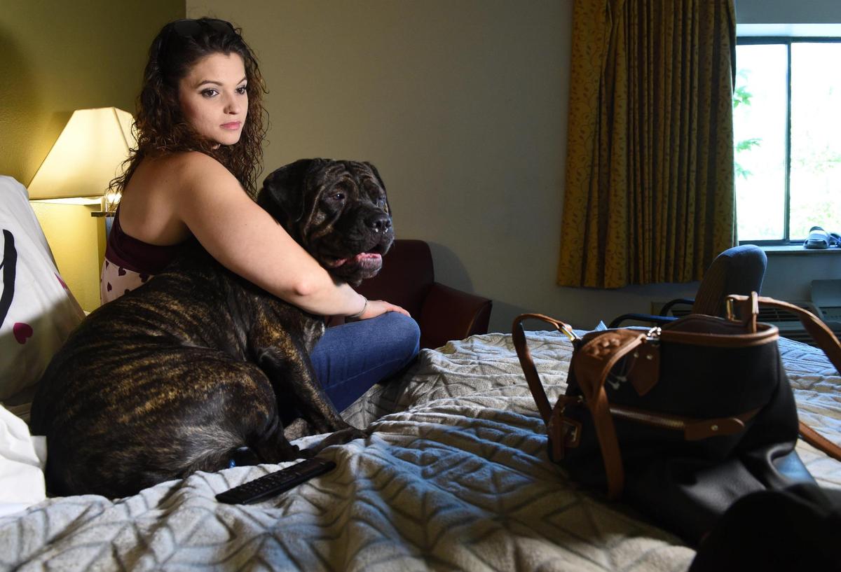 Krisi Eiland, 35, a single mother of three, was evicted from her Kansas City rental home last week. KC Tenants is paying for her to stay temporarily in a hotel until she can figure out alternative lodging. Eiland, who lost her job in a construction office in March, now works at a Dollar Tree store where she did not earn enough to cover her rent. Eiland sent her daughters to stay with their father while she stays at the hotel with her dog, Kane.