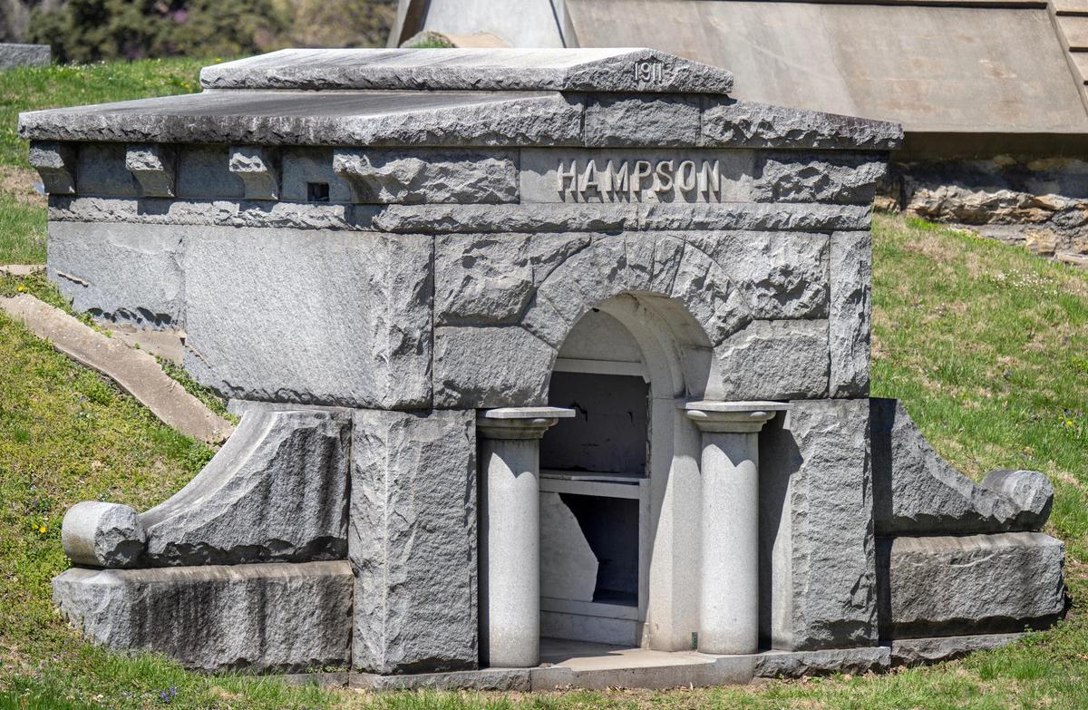 The stately 1911 Hampson mausoleum is one of three mausoleums in Kansas City’s historic Elmwood Cemetery recently targeted by vandals who stole irreplaceable bronze doors from the mausoleums. Elmwood Cemetery, which has increased security, is offering a $500 reward for the return of each of the three sets of irreplaceable bronze doors.