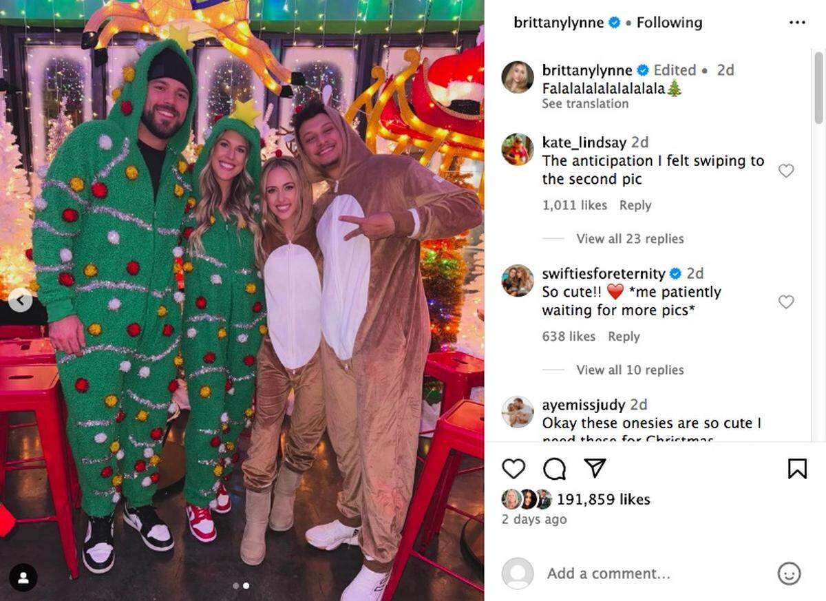 Kansas City Chiefs tight end Blake Bell, from left, wife Lyndsay Bell, Brittany Mahomes and Chiefs quarterback Patrick Mahomes at Miracle on Main holiday pop-up.