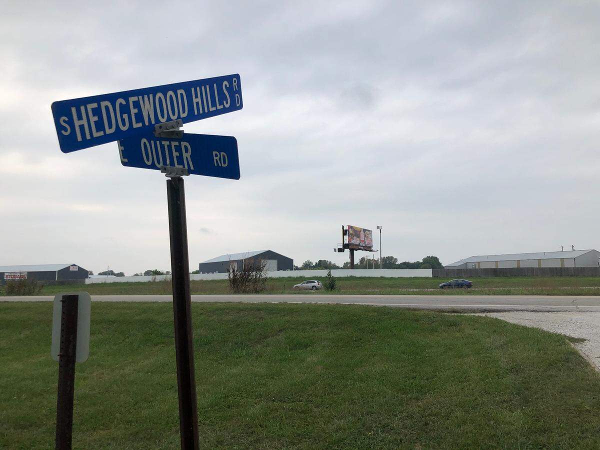 The intersection of S. Hedgewood Hills and E. Outer Road in Peculiar, where two police officers were injured in a shootout Saturday with a man on the road armed with a shotgun, according to the Cass County Sheriff’s Office.