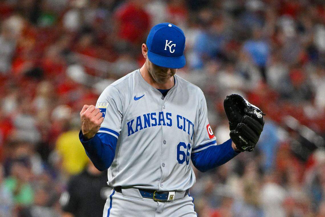 Kansas City Royals relief pitcher James McArthur (66) reacts after the Royals defeated the St. Louis Cardinals at Busch Stadium on July 10, 2024 in St. Louis, Missouri.