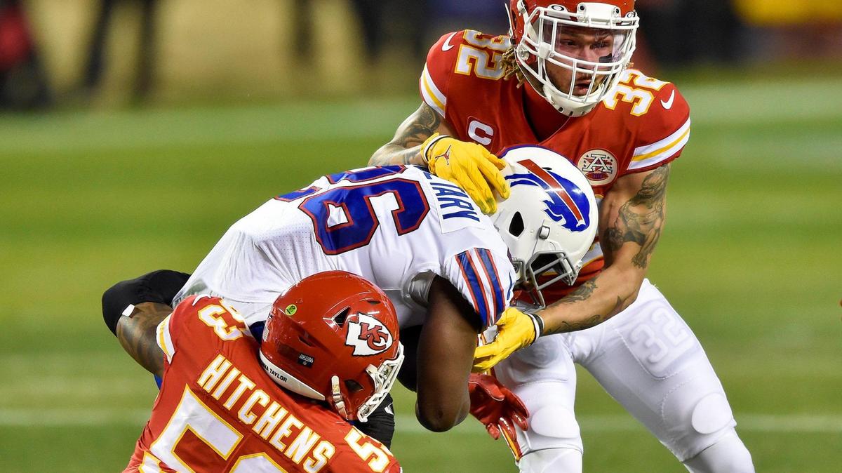 Kansas City Chiefs linebacker Anthony Hitchens and safety Tyrann Mathieu tackle Buffalo Bills running back Devin Singletary in the first quarter of the AFC Championship Game between the Chiefs and the Buffalo Bills Sunday Jan. 24, 2021. The Chiefs defeated the Bills 38-24 and will return to the Super Bowl.
