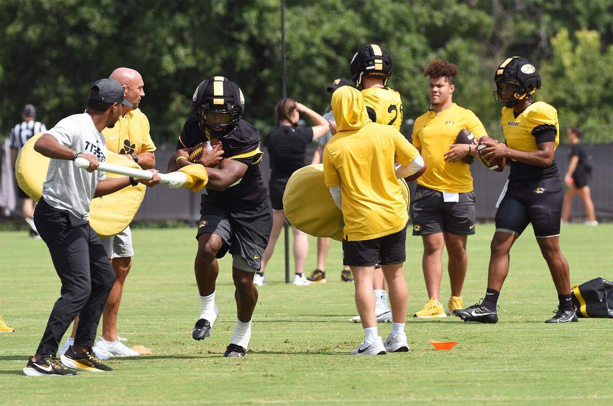 Missouri Tigers running back Ahmad Hardy runs a drill during the sixth day of Mizzou preseason camp on Sunday, August 3, 2025.