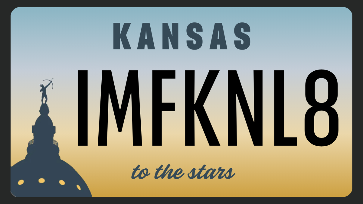 “IMFKNL8” was one of several custom license plate applications rejected by the Kansas Department of Revenue in the past year. This visualization shows what the plate might have looked like.