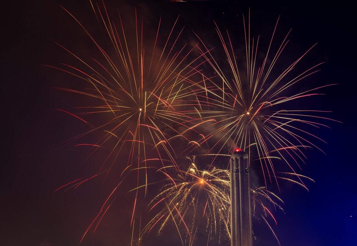 Fireworks light up the night sky over Penn Valley Park on Saturday, July 4, 2026. The National WWI Museum and Memorial's Stars and Stripes Picnic celebrates America's 250th and the Memorial's 100th