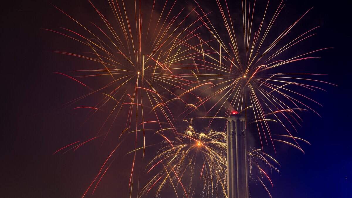 Fireworks light up the night sky over Penn Valley Park on Saturday, July 4, 2026. The National WWI Museum and Memorial's Stars and Stripes Picnic celebrates America's 250th and the Memorial's 100th