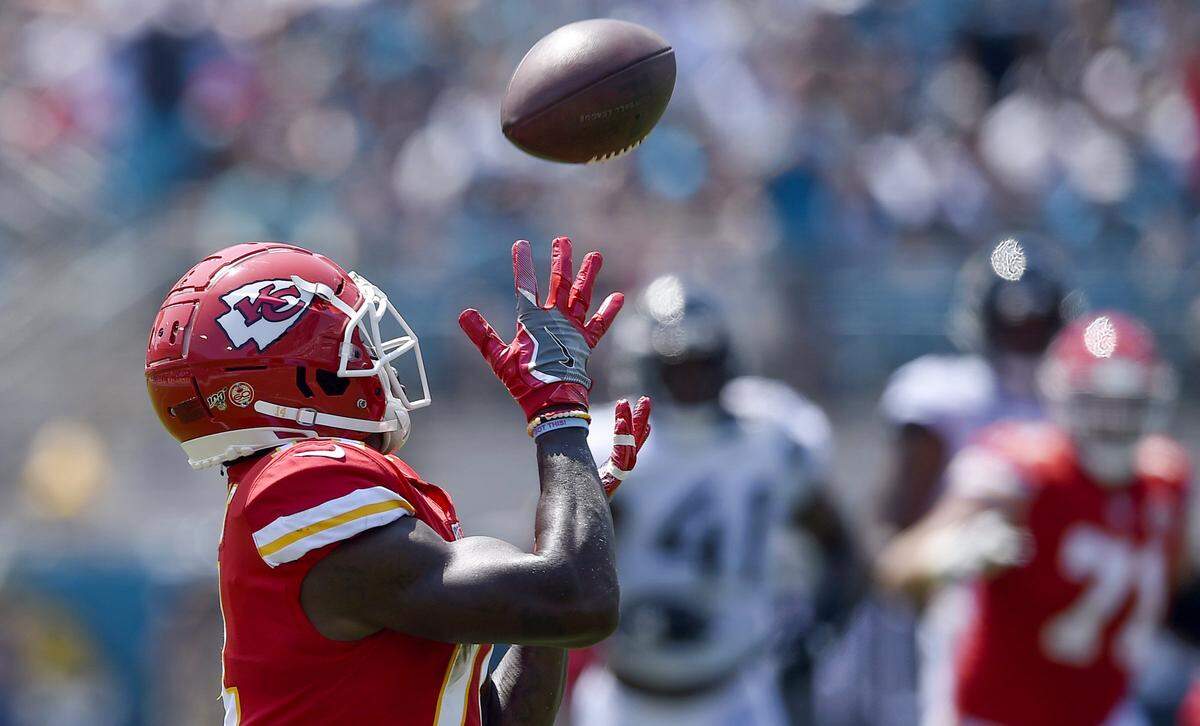 Kansas City Chiefs wide receiver Sammy Watkins (14) was wide open as he made a reception that led to a second first quarter touchdown during Kansas City Chiefs game against the Jacksonville Jaguars at TIAA Bank Field in Jacksonville, Florida, Sunday, Sept. 8, 2019. The Chiefs beat the Jaguars 40-26.