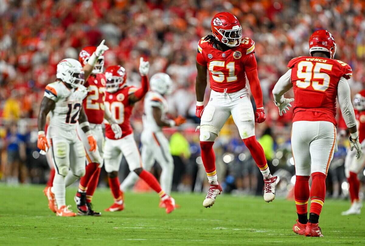 Kansas City Chiefs defensive end R. Mason Thomas (51) celebrates after sacking Denver Broncos quarterback Bo Nix (10) in the second quarter of the Kansas City Chiefs vs. Denver Broncos NFL season opener at Arrowhead Stadium in Kansas City on Sept. 14, 2026.